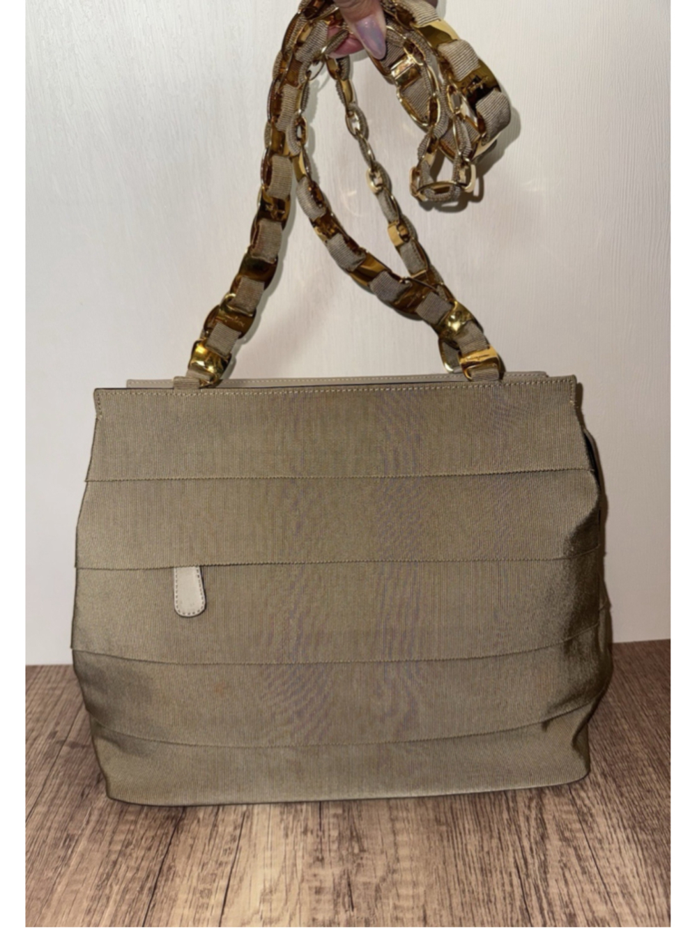 Salvatore Ferragamo AU-21 5252 Beige Nylon Gold Chain Tote Y2K Designer Bag